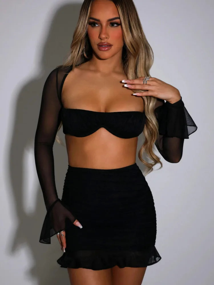 Chic Mesh Two-Piece Dress Set - Crop Top & Mini Skirt.