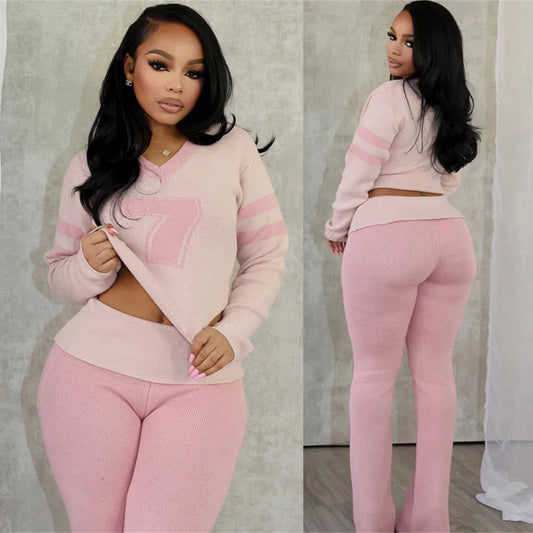 Chic V-Neck Sweater & Flare Pants Set for Women.