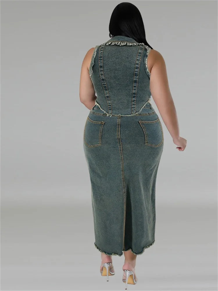 Plus Size Denim Skirt Two Piece Set for Women.