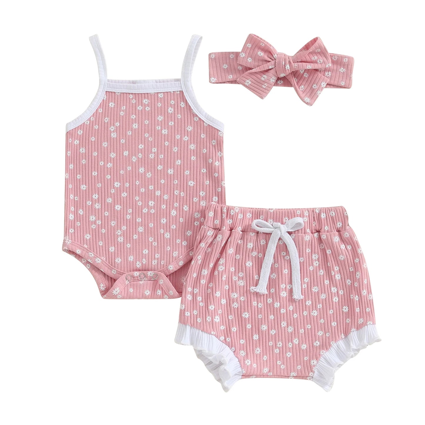 Summer 0-18 Months Newborn Baby Girls Clothes Set Kids Outfits Floral Print Rib Sleeveless Rompers Shorts Headband 3Pcs Costume.