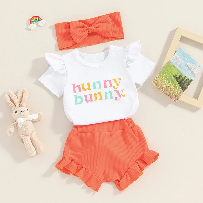 3PCS Baby Girls Easter Outfits Summer Kids Clothing Set Short Sleeve Romper 3D Tail Shorts Headband Toddler Set Infant Clothes.