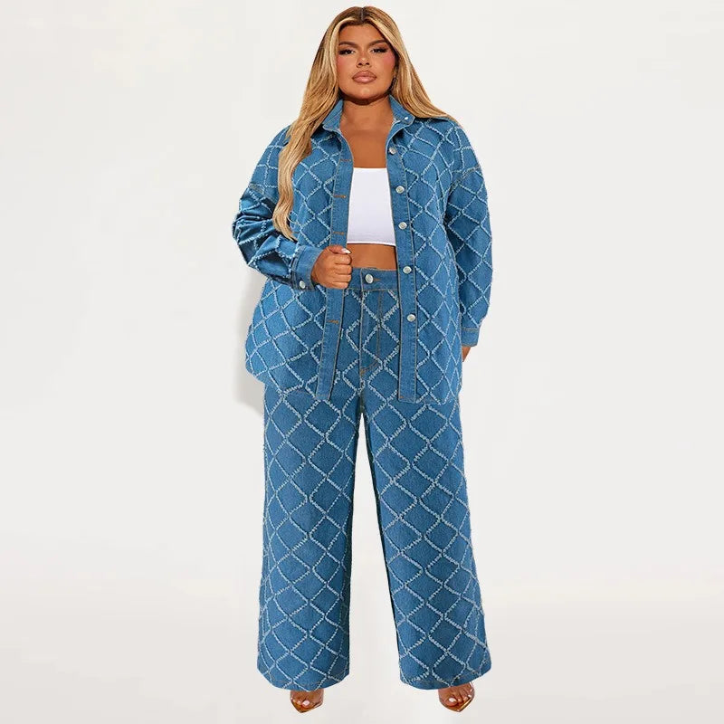 Trendy Plus Size Denim Two Piece Set for Women.