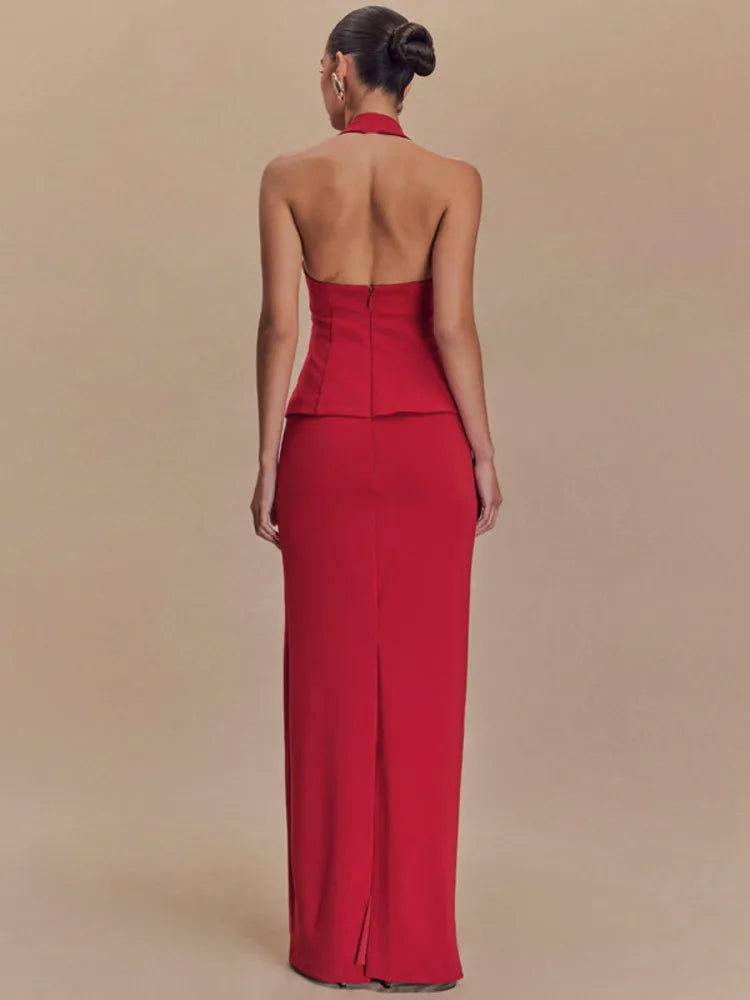 Chic Backless 2 Piece Set - Square Collar & Long Skirt.