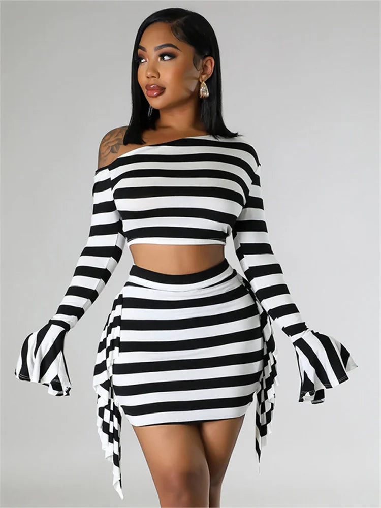 Trendy Y2K Striped Co-ord Set - Flare Sleeve Crop Top & Skirt.