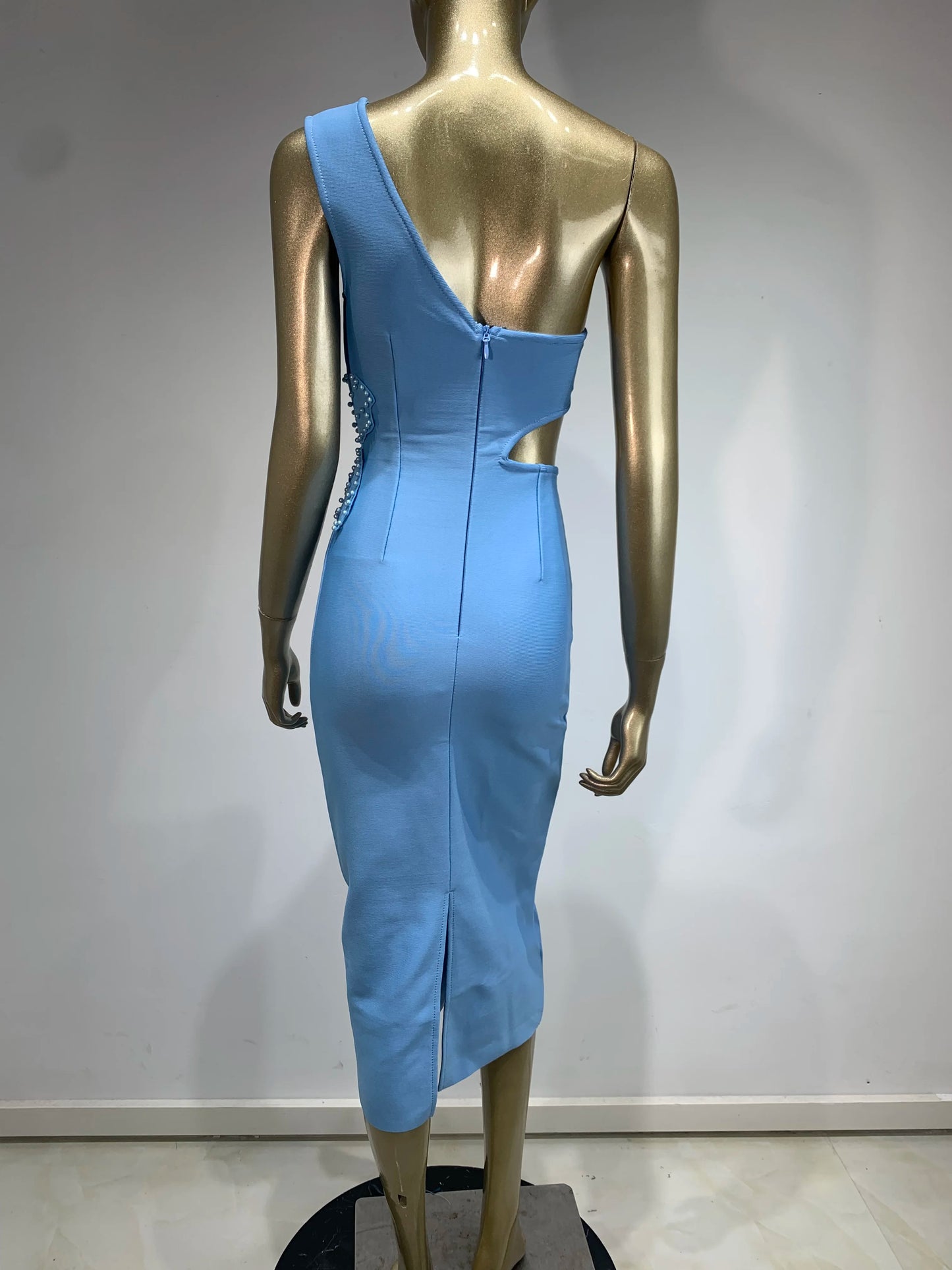 One Shoulder Sky Blue Midi Bandage Dress.