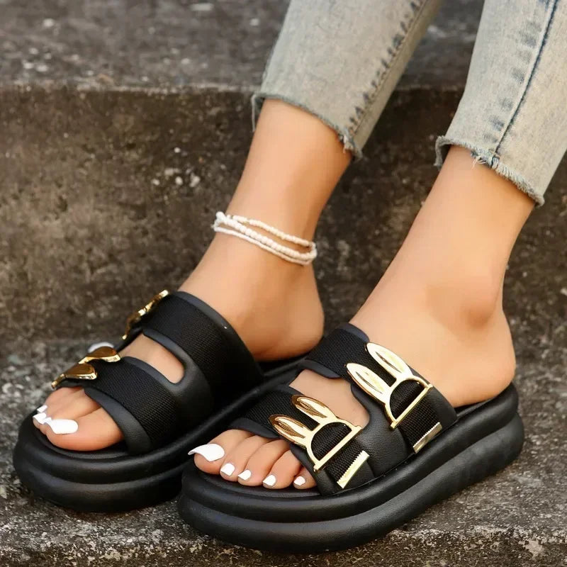 Women's Trendy Metal Decoration Platform Slippers