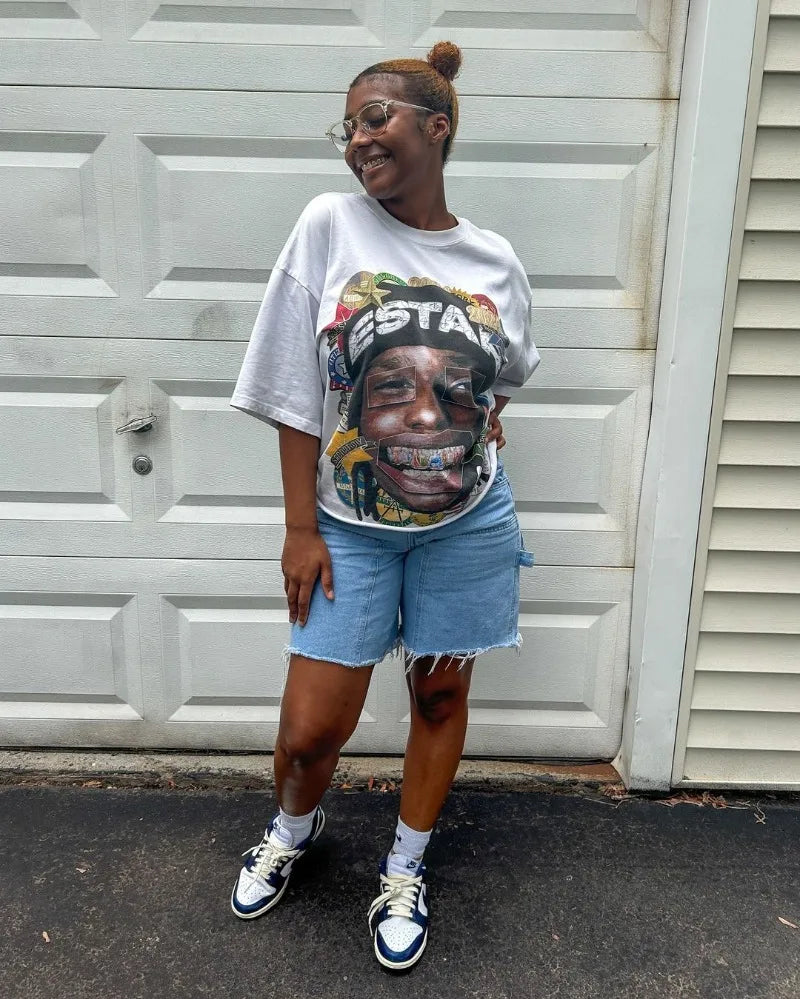 Trendy Oversized T-shirt - Retro Portrait Print - Y2K Style