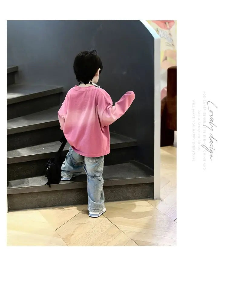 2-Piece Pink Gradient Shirt & Denim Pants Set for Boys