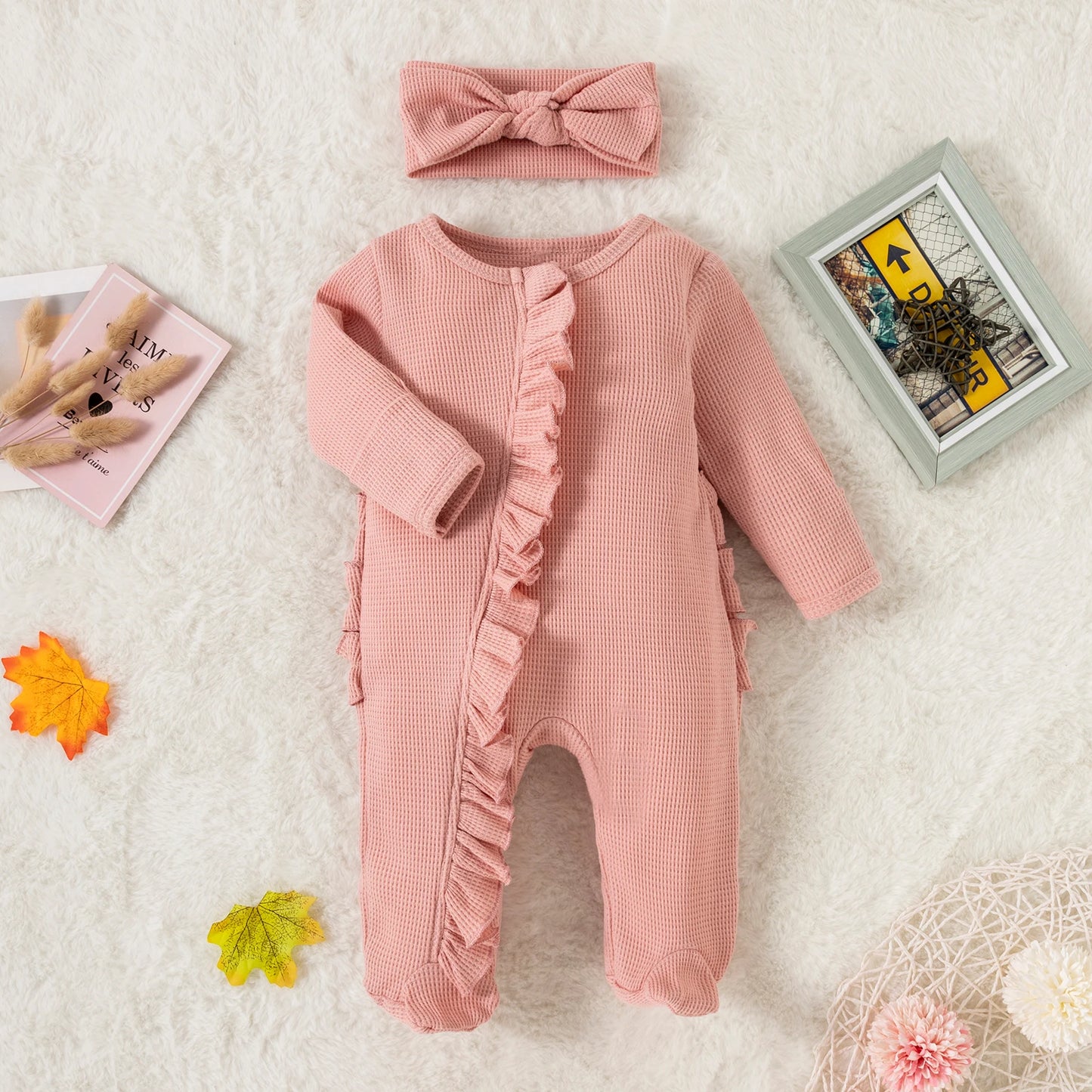 Soft Cotton Ruffle Newborn Baby Romper with Headband