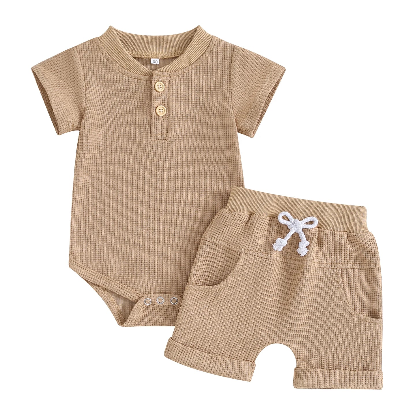 Summer Button Baby Clothes Set - Cotton Waffle Romper & Shorts