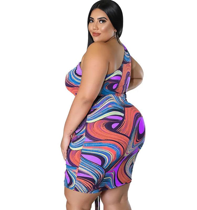 Sexy Plus Size Women Dresses Single Shoulder Hollow Out Mini Dress Drawstring Pleated Fashion Printed.