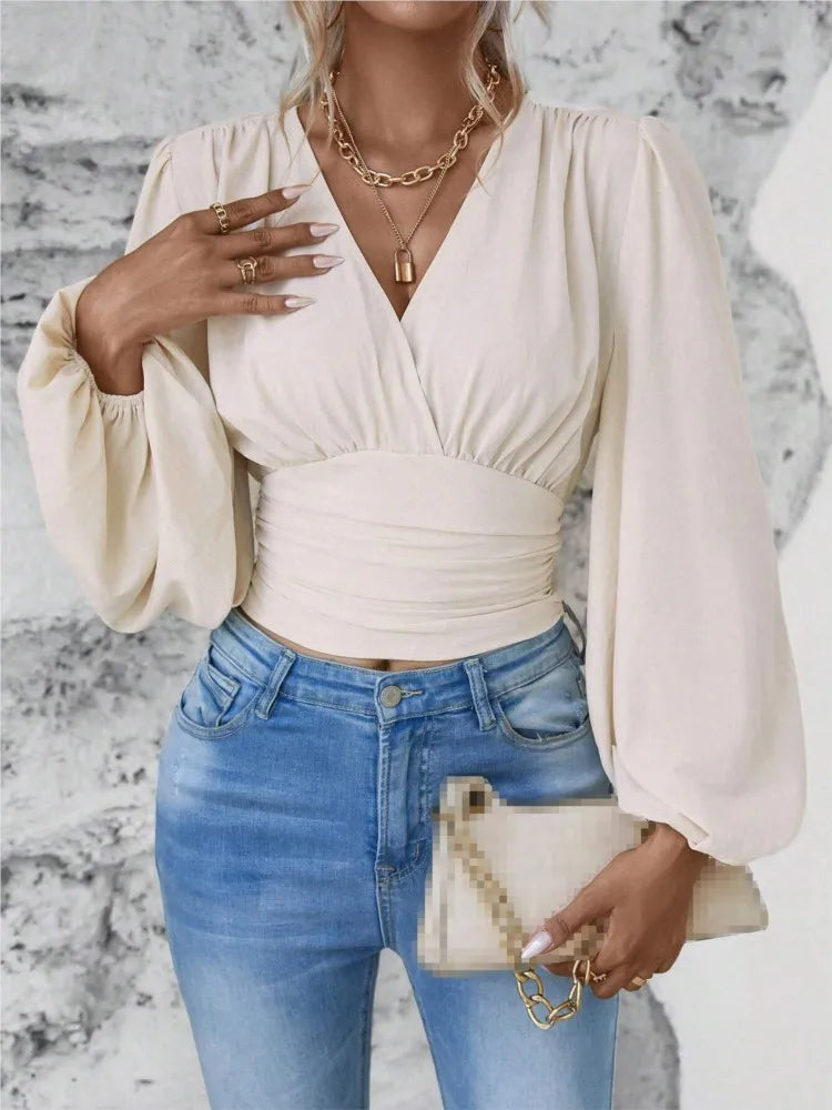 Trendy Women's V-Neck Long Sleeve Top - Chic Style.