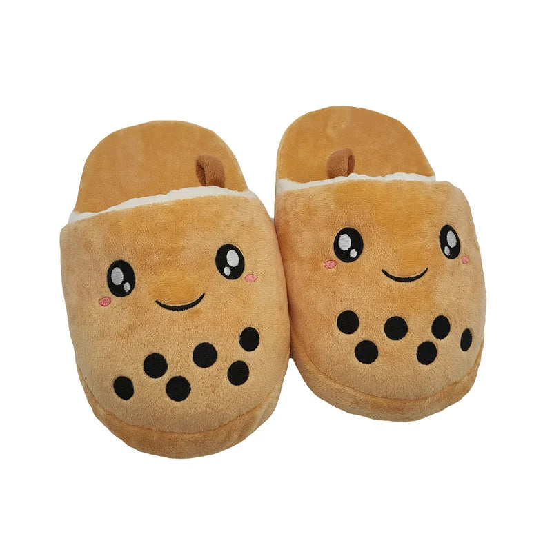 Cartoon Boba Milk Tea Plush Slippers - Cozy & Cute.