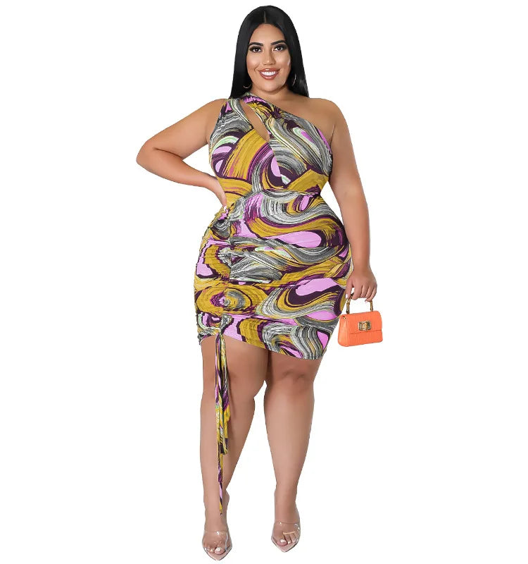 Sexy Plus Size Women Dresses Single Shoulder Hollow Out Mini Dress Drawstring Pleated Fashion Printed.