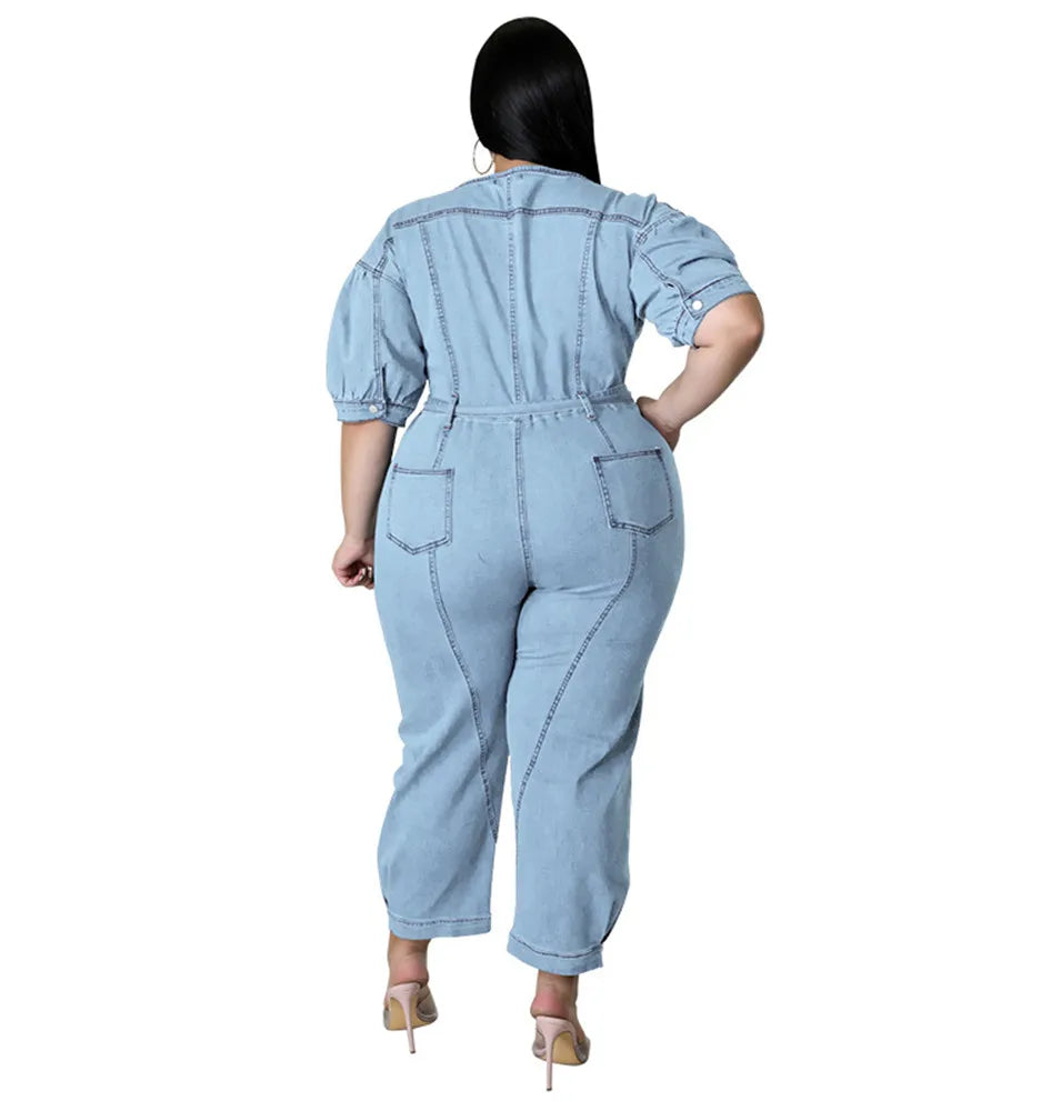 Plus Size Denim Jumpsuit with Zipper & Pockets.