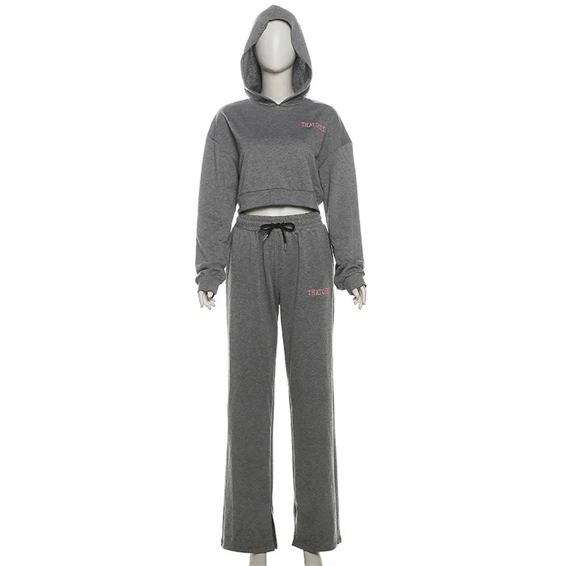 Chic Women's Embroidery Two-Piece Set - Crop Hoodie & Pants.