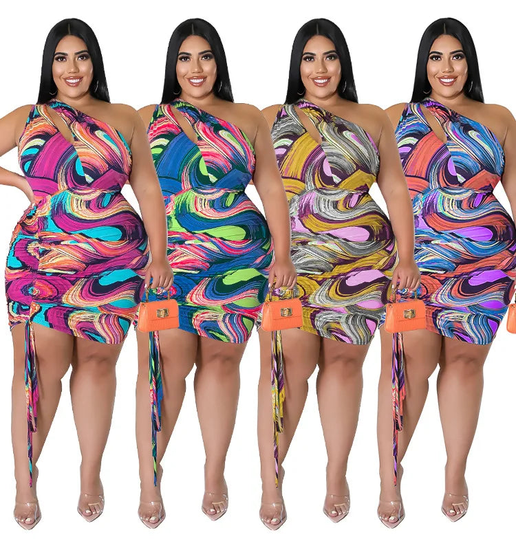 Sexy Plus Size Women Dresses Single Shoulder Hollow Out Mini Dress Drawstring Pleated Fashion Printed.