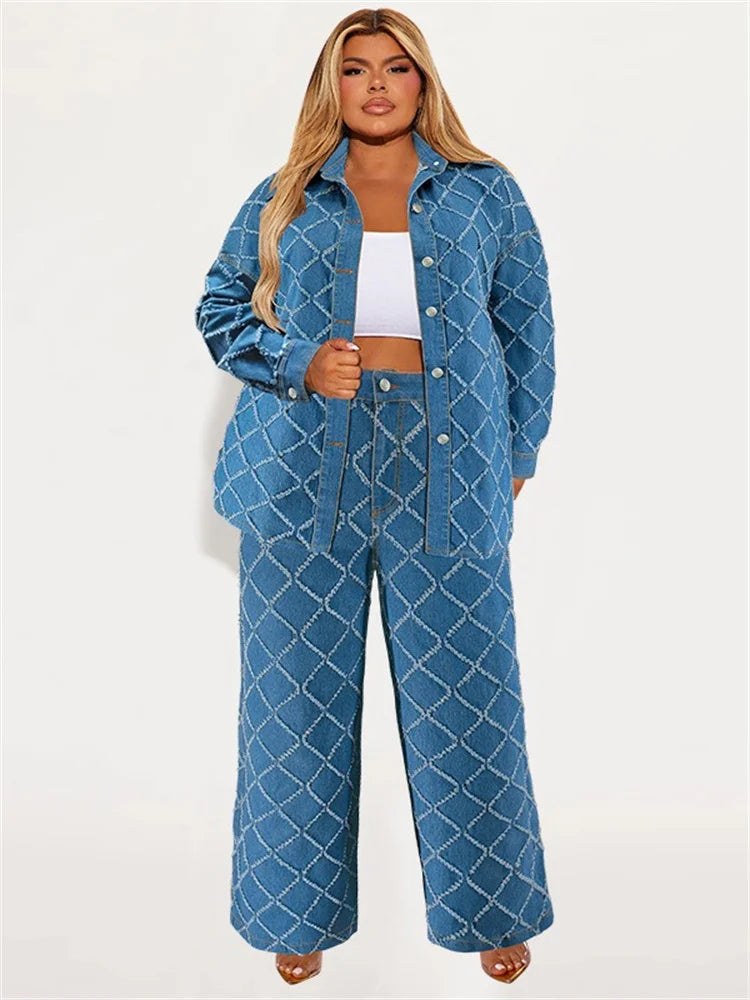 Trendy Plus Size Denim Two Piece Set for Women.