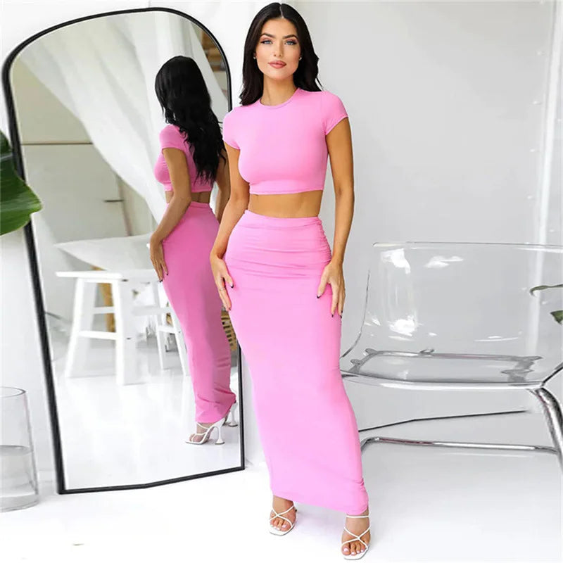 Chic Slim Crop Top & Long Skirt Set for Women.