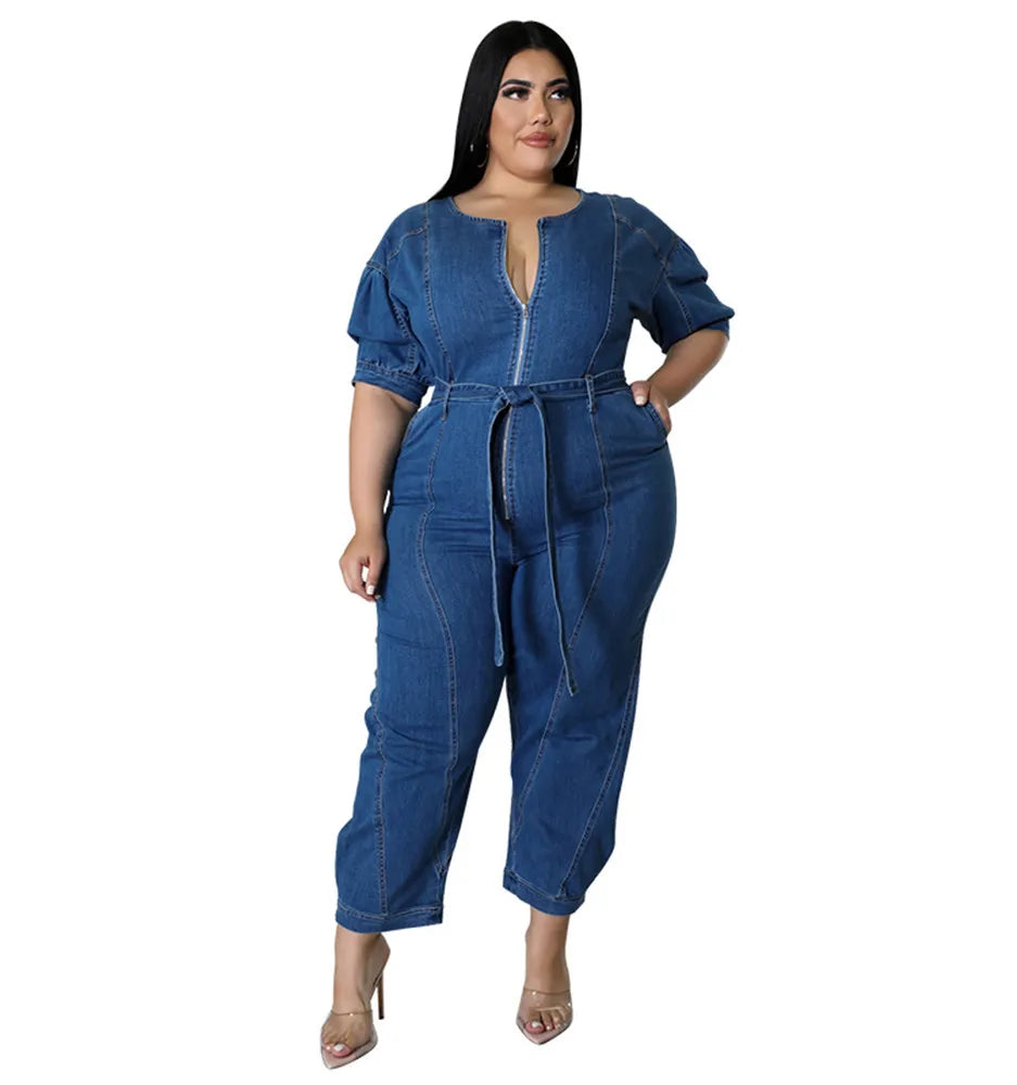 Plus Size Denim Jumpsuit with Zipper & Pockets.