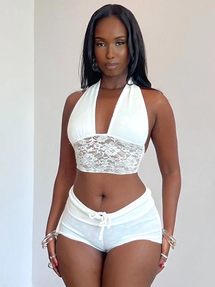 Lace Trim Halter Crop Top & Drawstring Shorts Set.