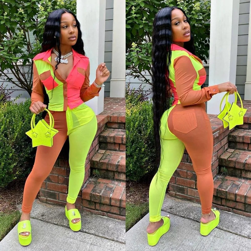 Neon Color Patchwork Two-Piece Set for Women.