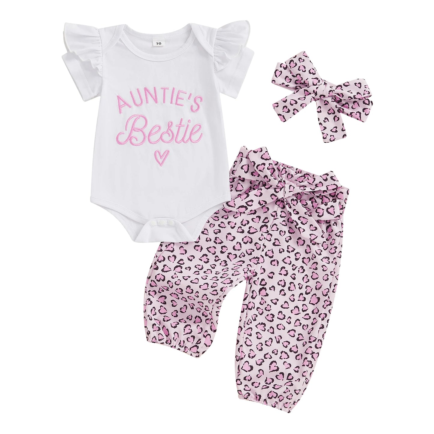 Summer New Baby Girls Clothing Set Two Pieces Toddler Outfits Short Sleeve Letter Print Romper with Leopard Pants Headband Suit.