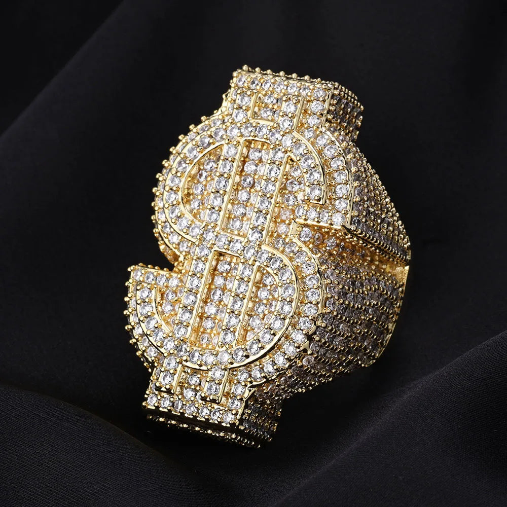 Cubic Zirconia Ice-Out Dollar Sign Ring - 18k Gold Plated.