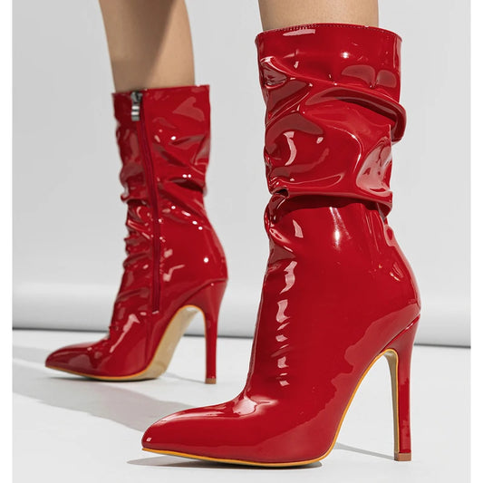 Chic Patent Leather Pleat Ankle Boots for Women.