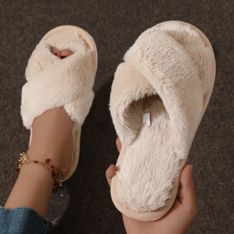 Women’s Fashion Cross Strap Faux Fur Slippers