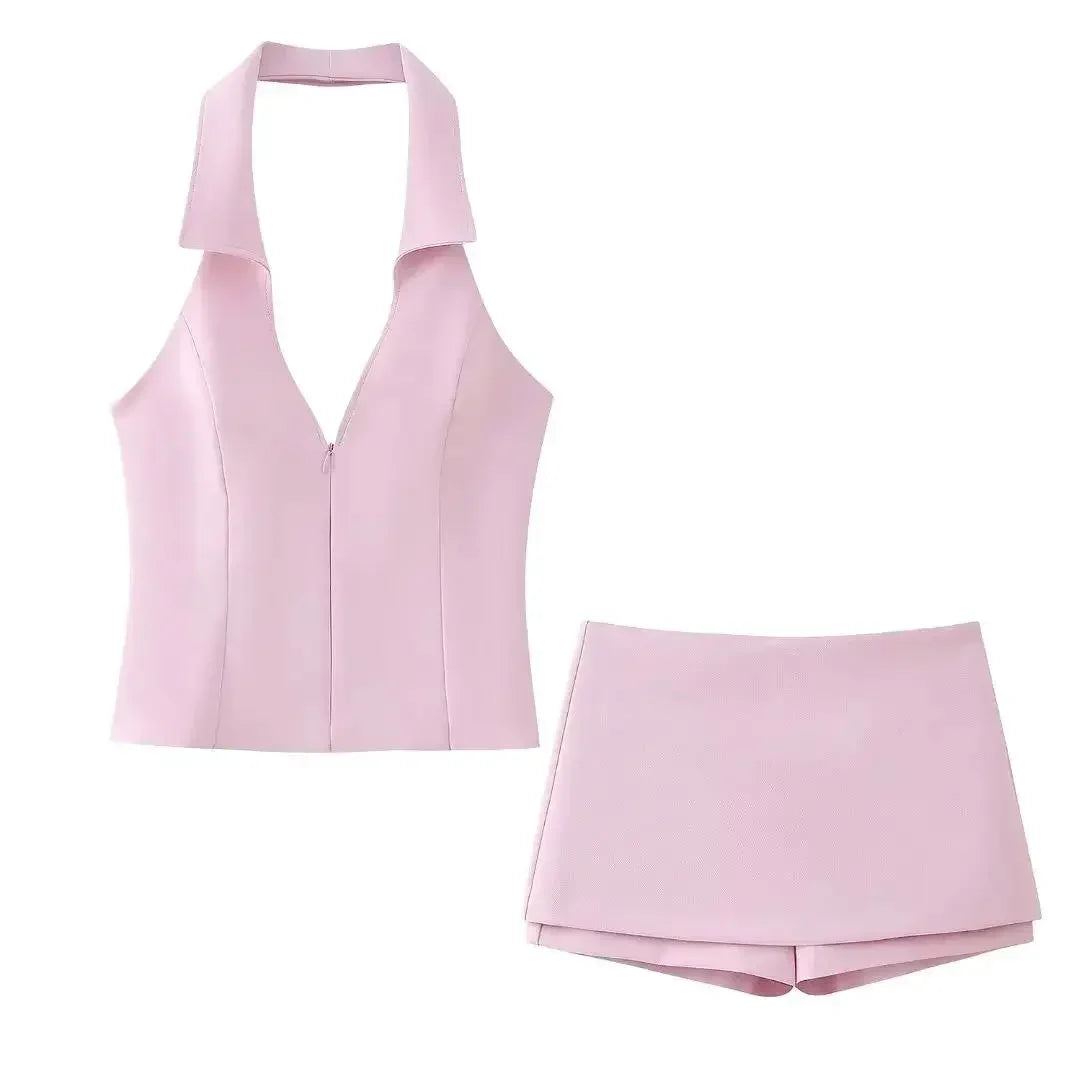 Chic Women's Pink Shorts Set - V Neck Sleeveless Outfit.