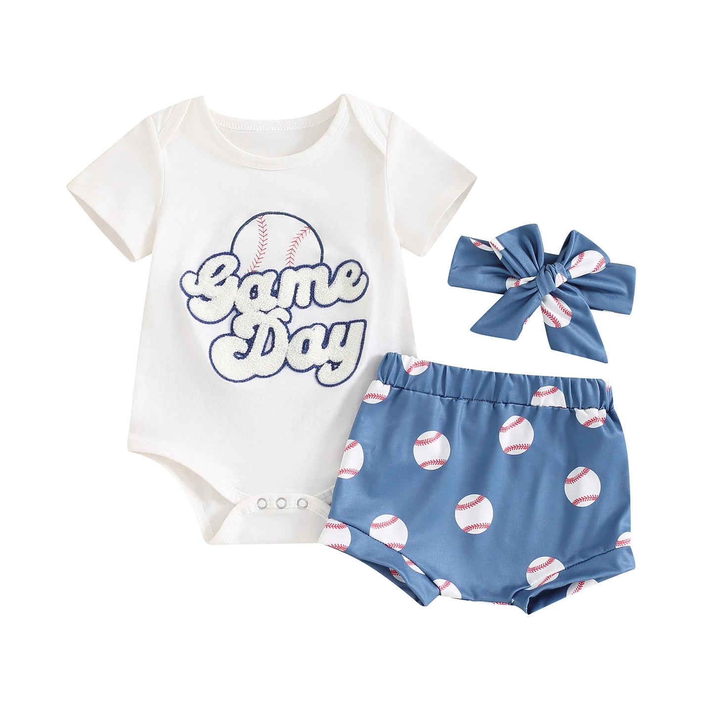 Cute Summer Toddler Girls Outfit - Romper, Baseball Shorts & Headband Set