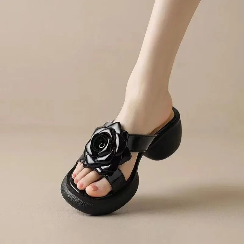 Ultra-Soft Summer Mid Heel Open Toe Flower Slippers.