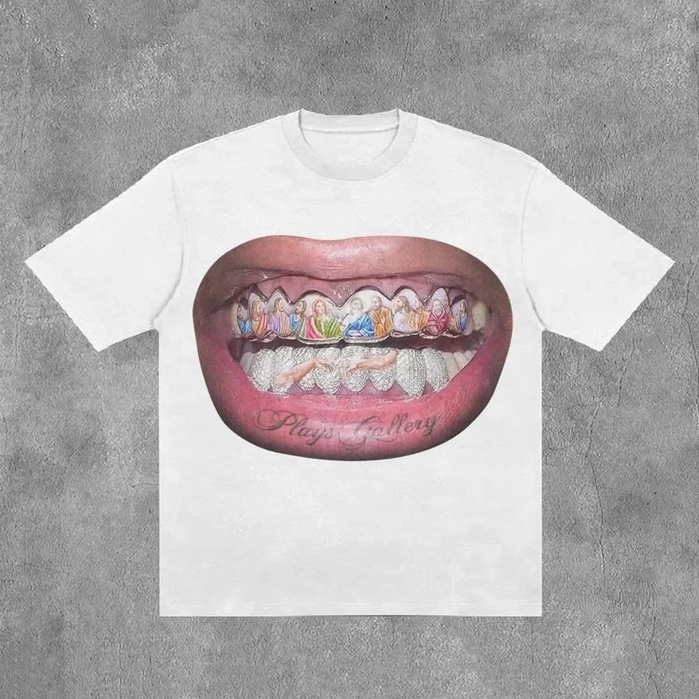 Y2K Hip Hop Teeth Graphic Print Oversized T-Shirt - Black