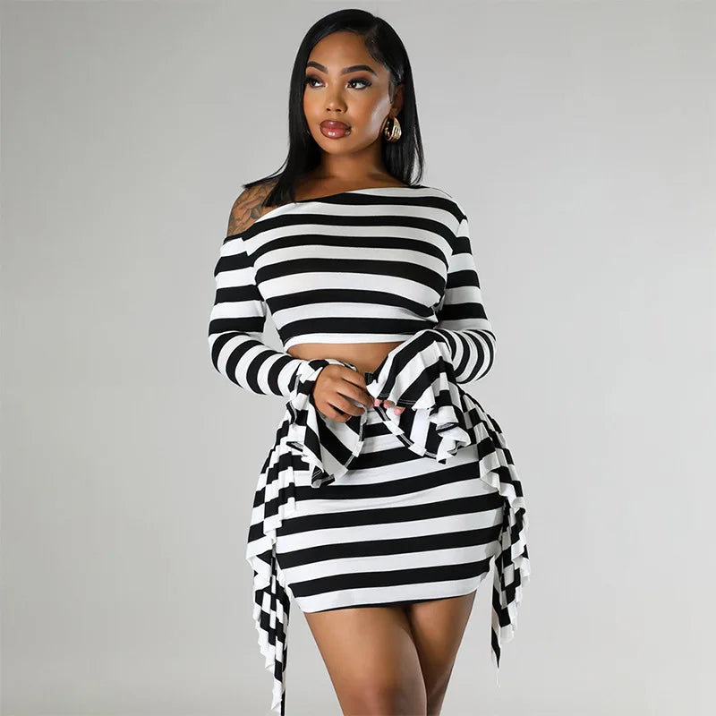 Trendy Y2K Striped Co-ord Set - Flare Sleeve Crop Top & Skirt.