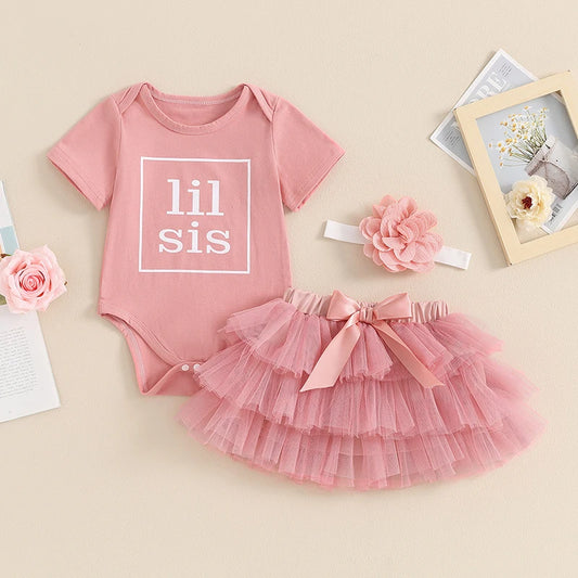 Little Baby Girls Summer Clothes 3PCS Princess Infant Outfits Letters Print Romper with Mesh Tulle Skirts Headband Newborn Suits.