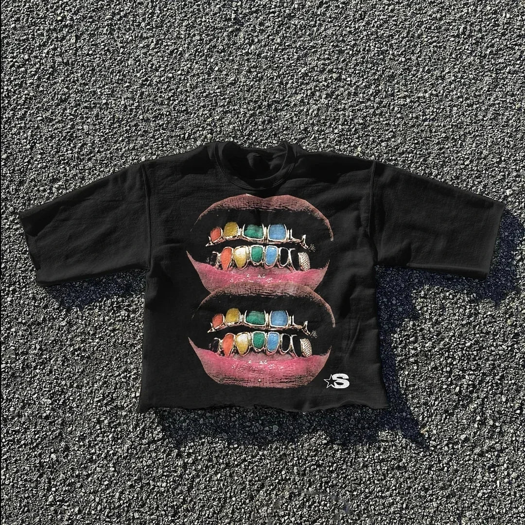 Y2K Hip Hop Teeth Graphic Print Oversized T-Shirt - Black