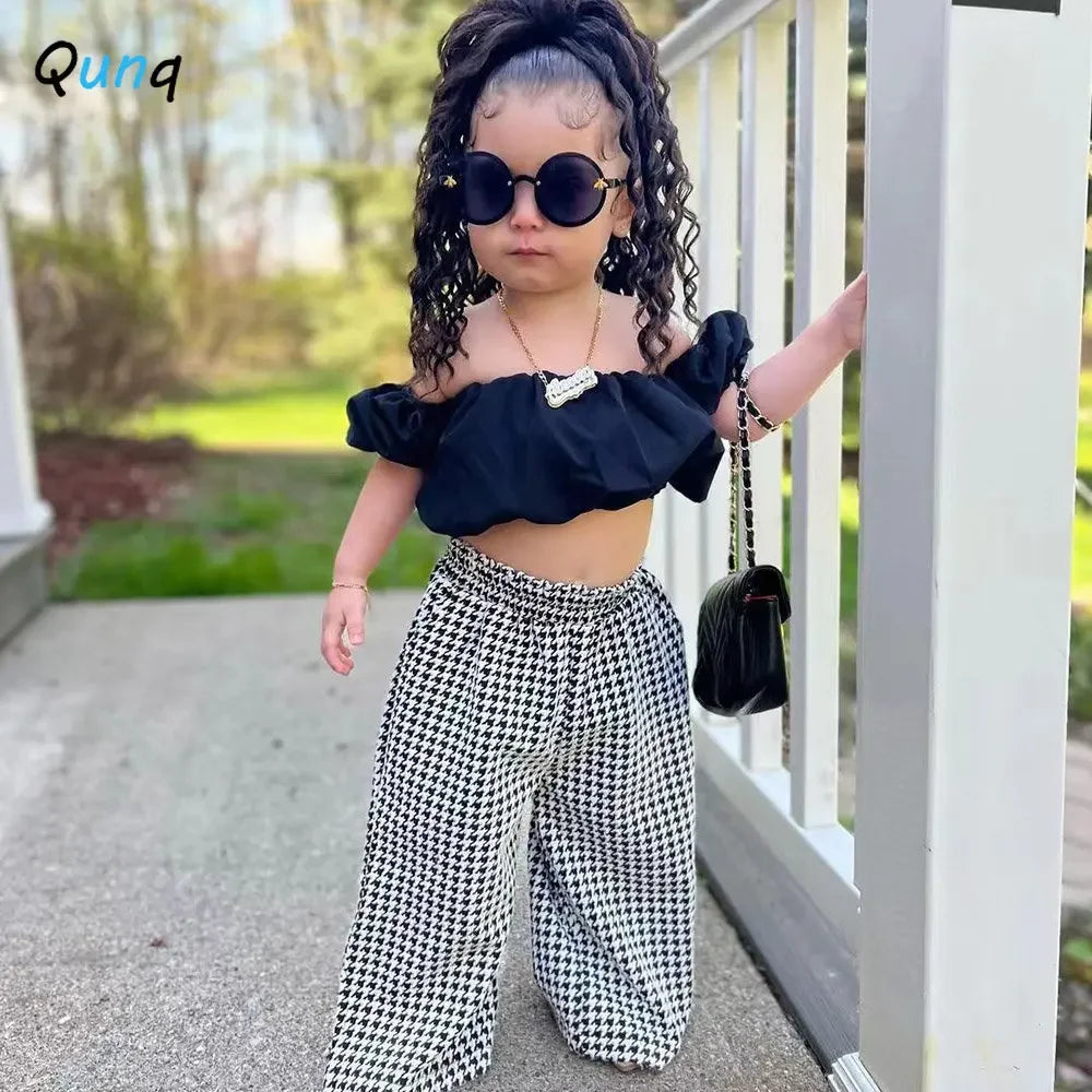 Girls Shoulderless Pleated Crop Top & Plaid Trousers Set 3T-8T