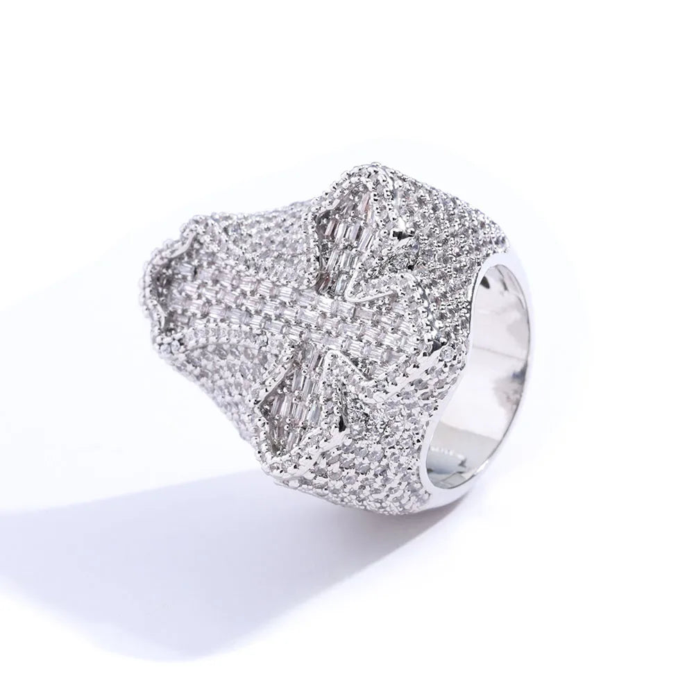 Men's Bling Cross Cuban Ring - Iced Out Diamond Style.