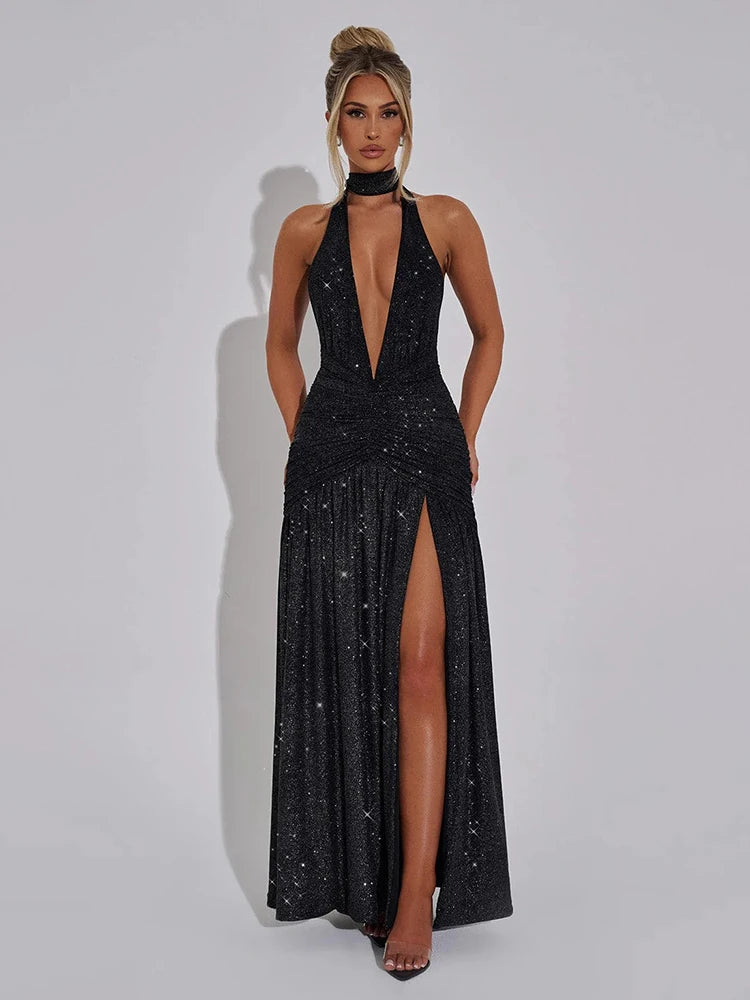 Trendy Glitter Deep V Neck Maxi Dress 2025.