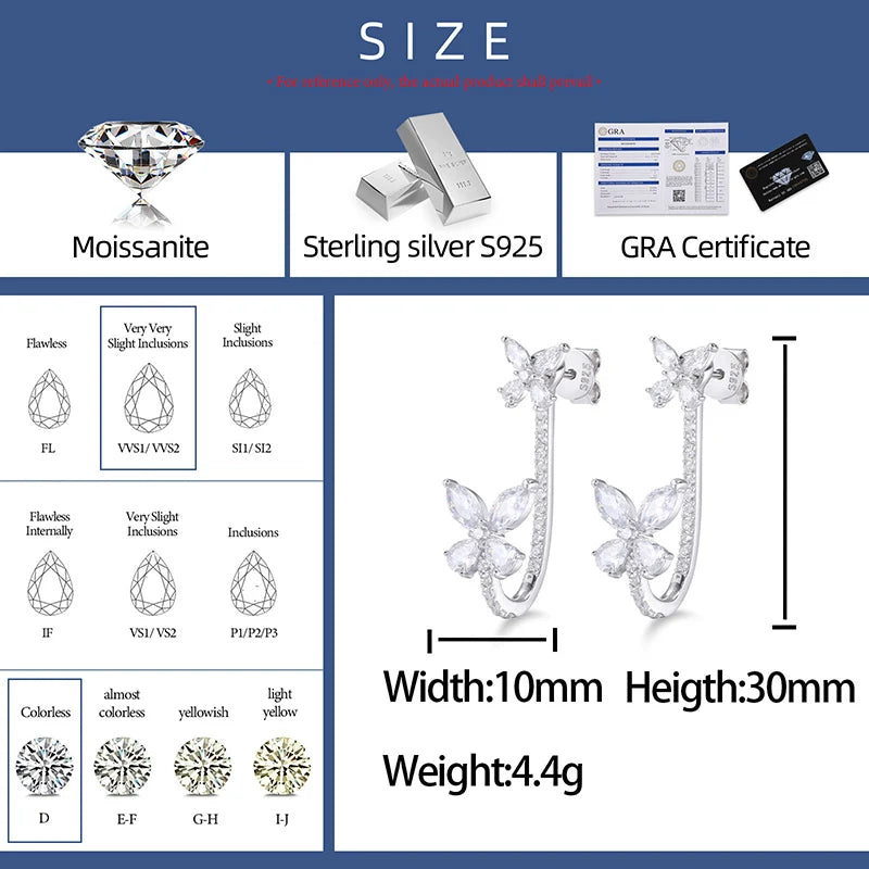 925 Sterling Silver Moissanite Butterfly Earrings For Women Iced Out Elegant Aretes Wedding Engagement Jewelry