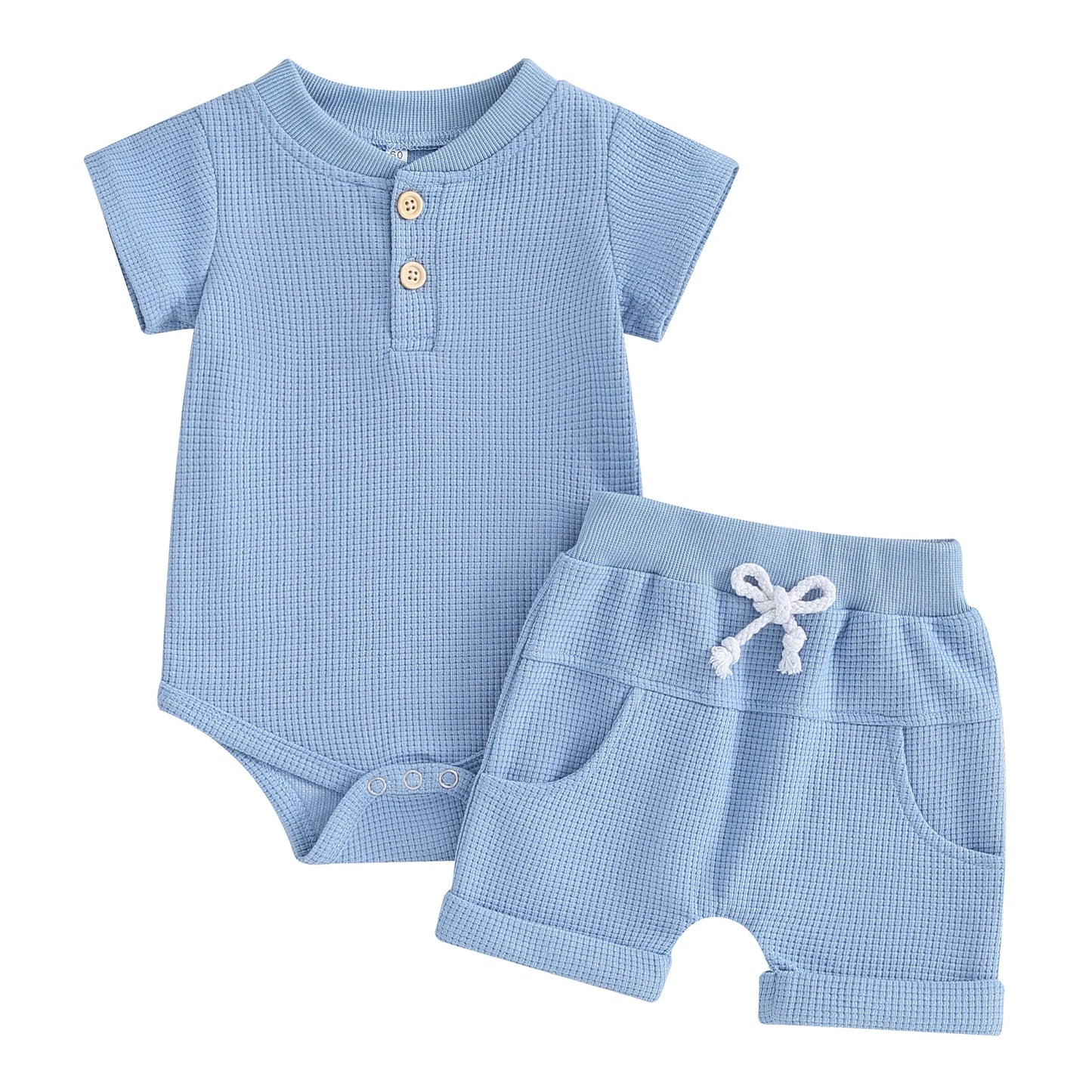 Summer Button Baby Clothes Set - Cotton Waffle Romper & Shorts