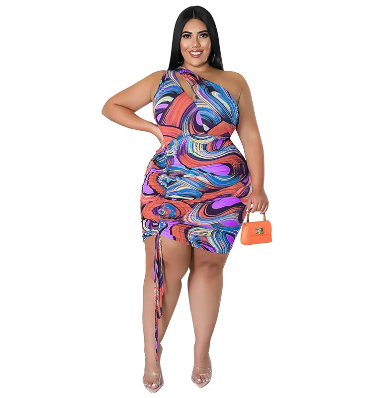 Sexy Plus Size Women Dresses Single Shoulder Hollow Out Mini Dress Drawstring Pleated Fashion Printed.