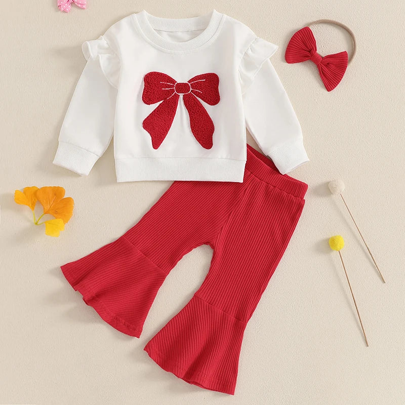 Ruffle Long Sleeve Baby Girls Clothing Set 3PCS Spring Toddler Outfits Bow Embroidery Sweatshirt Flare Pants Headband Kids Suits.