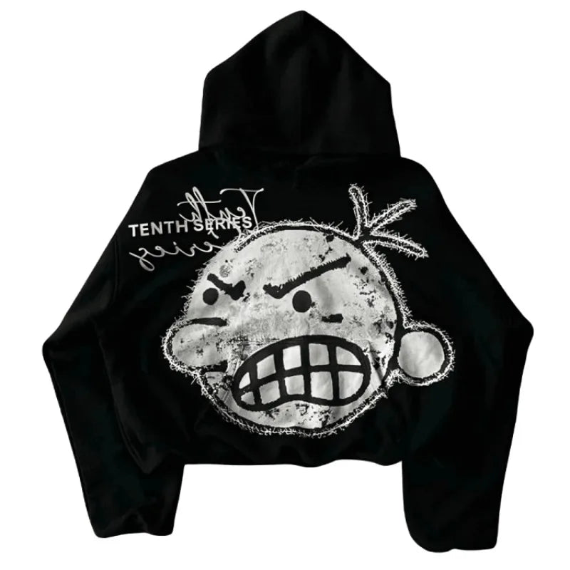 Y2K Angry Cartoon Print Hoodie - Gothic Black Sweatshirt