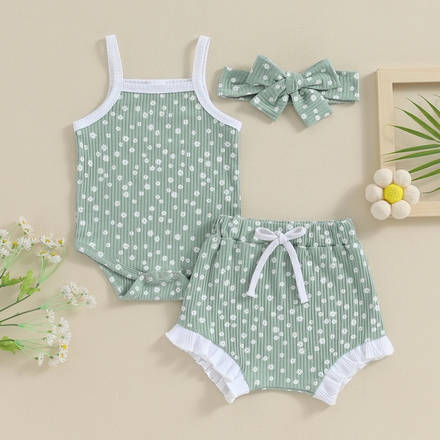 Summer 0-18 Months Newborn Baby Girls Clothes Set Kids Outfits Floral Print Rib Sleeveless Rompers Shorts Headband 3Pcs Costume.