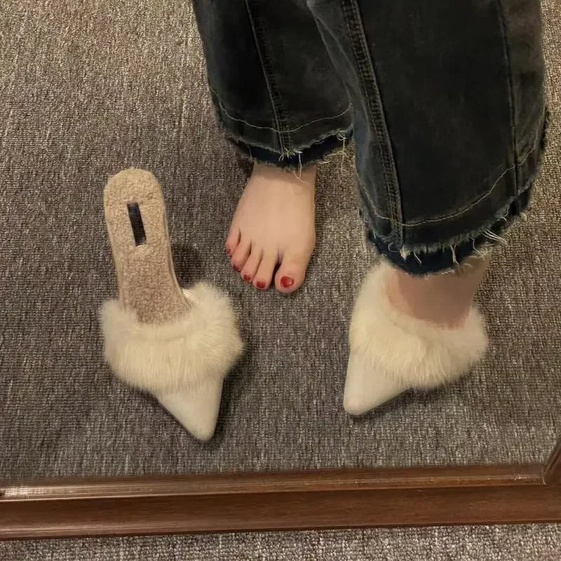 Women's Plush Pointed Toe High Heels Winter Mules Slippers