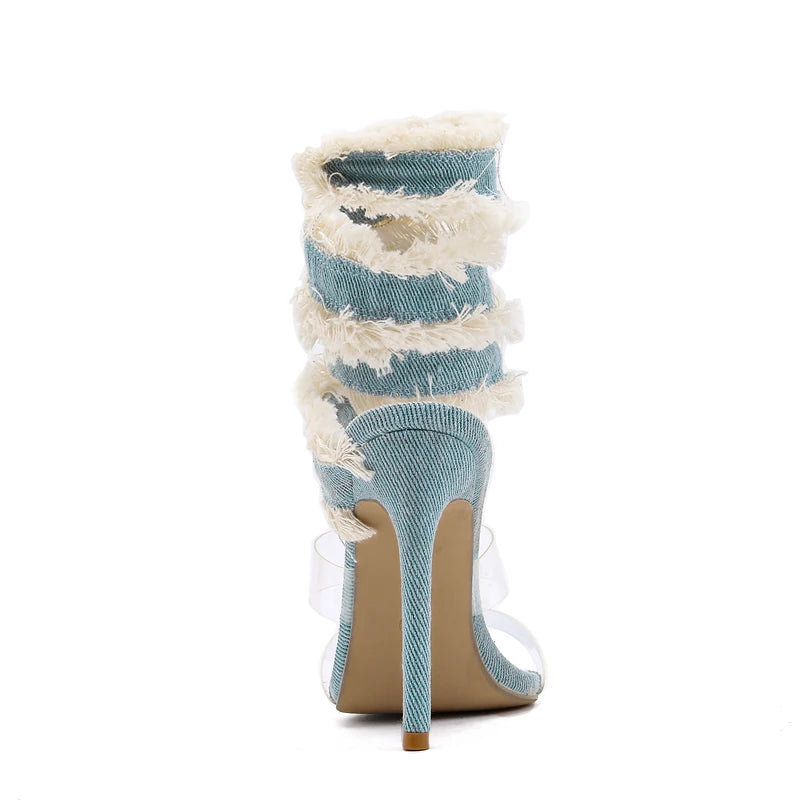 Summer Blue Denim Ankle Strap Stiletto Heels.