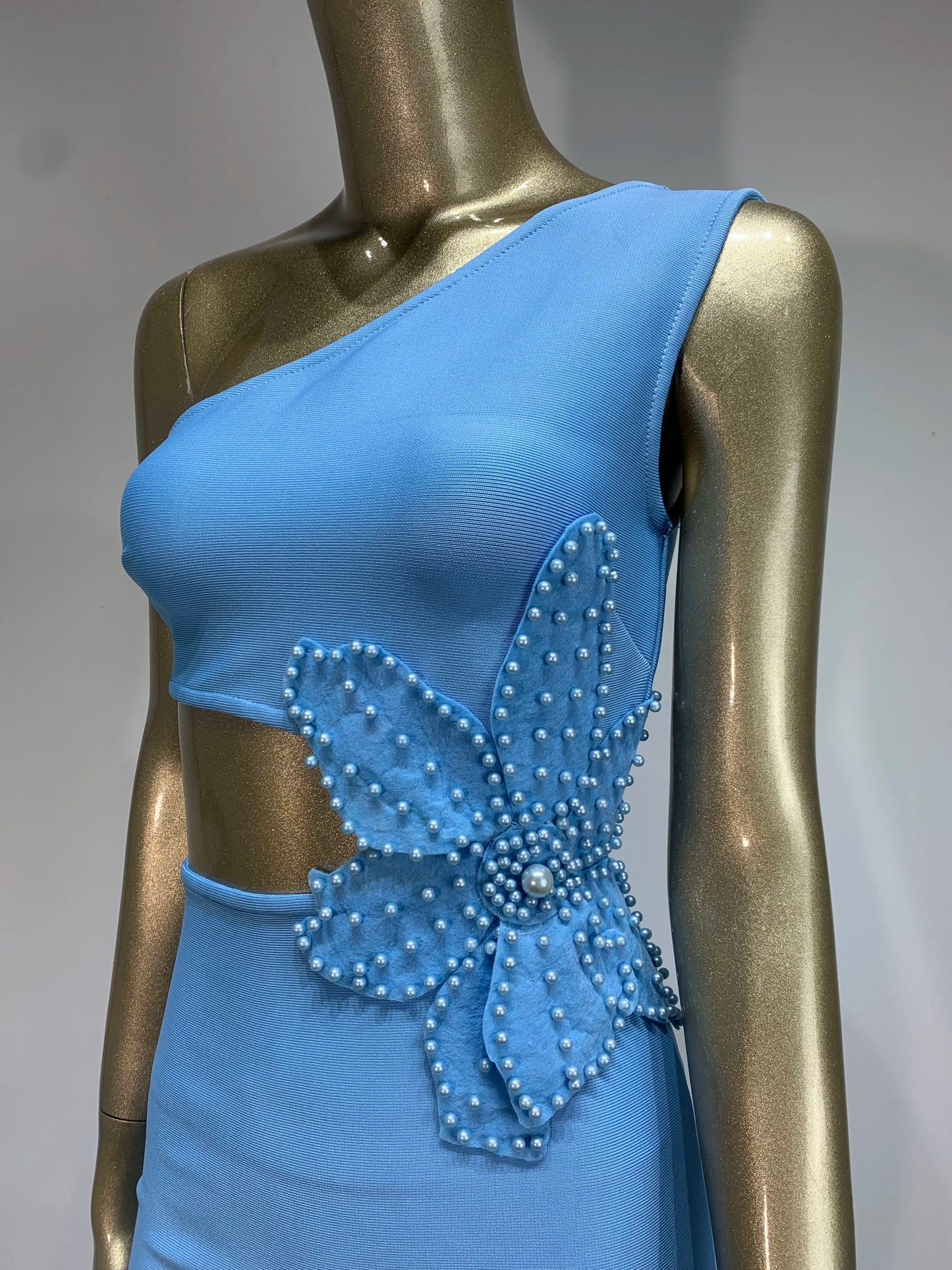 One Shoulder Sky Blue Midi Bandage Dress.