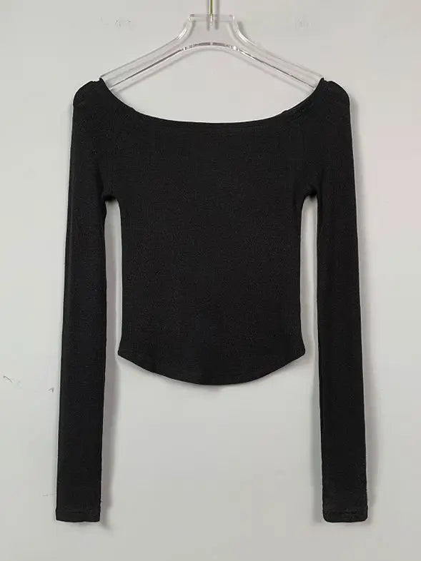 Chic Slash Neck Long Sleeve Crop Tee - Women's Fashion.